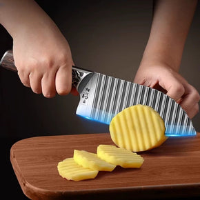 Wooden Handle Ribbed Design Kitchen Knife