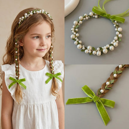Forest Fairy Green Vine Pearl Kids Braided Headband