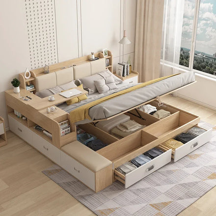 Hidden Compartment Lift-Up Storage Bookshelf Platform Bed