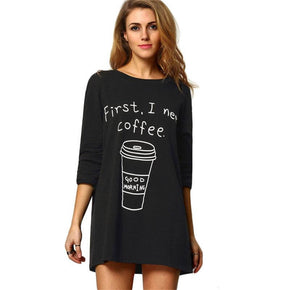 Long Sleeve Coffee Print Long T-shirt