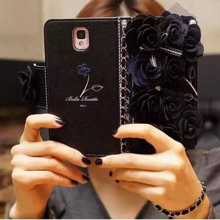 Black Rose Flip Wallet Leather Case For iPhone Models